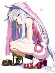 1girl animal_ears black_socks blunt_bangs blush breasts brown_hat closed_mouth gold_ship_(umamusume) grey_hair hat heart highres horse_ears horse_girl horse_tail koppe_koppe long_hair looking_at_viewer red_footwear shoes shorts simple_background sleeveless socks solo squatting sweat tail towel towel_on_head umamusume unworn_hat unworn_headwear very_long_hair white_background 