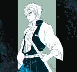  1boy bare_pectorals belt demon_slayer_uniform kimetsu_no_yaiba krit long_sleeves looking_at_viewer male_focus parted_lips pectorals scar scar_on_arm scar_on_chest scar_on_face scar_on_nose shinazugawa_sanemi short_hair solo sword weapon 