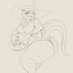  1:1 1_horn absurd_res anthro bard big_butt breasts butt clothing coffee_demon eileen_(coffee_demon) female hat headgear headwear hi_res horn kobold lute musical_instrument plucked_string_instrument scalie sketch solo string_instrument thick_thighs thong underwear 