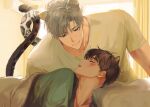  air_conditioner animal_ears bedroom black_eyes blush brown_hair closed_mouth curtains green_shirt grey_hair highres ilay_riegrow indoors jeong_taeui leopard_ears leopard_tail light_smile looking_at_another parted_lips passion_(manhwa) shirt short_hair short_sleeves shrimpkk sleeping snow_leopard_ears snow_leopard_tail tail white_shirt yaoi 