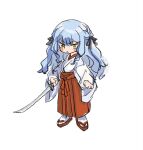  1girl :&lt; bang_dream! bang_dream!_it&#039;s_mygo!!!!! black_ribbon blue_hair full_body hair_ribbon hakama hakama_skirt highres holding holding_sword holding_weapon japanese_clothes katana kimono kita_no_shinya long_hair long_sleeves looking_at_viewer red_skirt ribbon sandals simple_background skirt socks solo sword tabi togawa_sakiko weapon white_background white_kimono white_socks yellow_eyes zouri 