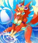 2024 animal_crossing anthro armband audie_(animal_crossing) ball beach_ball bikini blonde_hair blue_eyes blue_inner_ear breasts canid canine canis clothing collarbone dipstick_tail drawligator eyelashes eyewear eyewear_on_head fangs female front-tie_bikini fur gloves_(marking) hair hi_res inflatable mammal markings nintendo one_eye_closed open_mouth orange_body orange_fur outside sarong side-tie_bikini solo string_bikini sunglasses sunglasses_on_head swimwear tail tail_markings tan_body tan_fur teeth water wolf