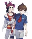  ... 2boys arm_hug black_hair blue_shirt blush brown_eyes brown_hair florian_(pokemon) flying_sweatdrops gloves highres jacket kieran_(pokemon) long_sleeves lostoria_sv male_focus multicolored_hair multiple_boys off_shoulder open_clothes open_jacket open_mouth orange_eyes pokemon pokemon_sv purple_hair red_gloves red_tank_top shirt short_sleeves shorts simple_background single_glove spoken_ellipsis tank_top white_background 