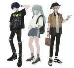  1girl 2boys aranara_(genshin_impact) backpack bag black_choker black_footwear black_hair black_hat black_pants blue_shorts brown_hair bucket_hat casual choker closed_mouth clothes_writing faruzan_(genshin_impact) full_body genshin_impact green_eyes hair_ornament hand_on_own_head hands_in_pockets hat highres holding holding_bag long_hair lyney_(genshin_impact) multicolored_hair multiple_boys no6_gnsn pants purple_eyes red_hair sandals scaramouche_(genshin_impact) shirt shoes short_sleeves shorts simple_background sneakers socks standing streaked_hair t-shirt torn_clothes torn_pants twintails twitter_username white_background x_hair_ornament 