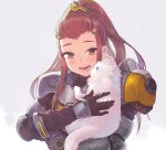  armor blue_eyes blush brigitte_(overwatch) cat fur gloves hair_ornament half-closed_eyes happy lino_chang looking_at_another on_shoulder open_mouth overwatch ponytail smile upper_body 