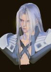  1boy armor black_background black_coat chest_strap coat cropped_torso final_fantasy final_fantasy_vii green_eyes grey_hair high_collar highres light_smile long_bangs long_hair looking_to_the_side male_focus open_clothes open_coat parted_bangs pauldrons sephiroth shoulder_armor simple_background slit_pupils solo tiantina1112 upper_body 