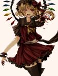  1girl ascot black_thighhighs blonde_hair blood blood_on_hands crystal_wings dress flandre_scarlet frilled_dress frills gomabu_(rirurutennsi) hat looking_at_viewer mob_cap red_eyes simple_background solo thighhighs touhou white_background wrist_cuffs yellow_ascot 