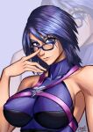  1girl absurdres adjusting_eyewear aqua_(kingdom_hearts) artist_name blue-framed_eyewear blue_eyes blue_hair breasts commentary covered_nipples english_commentary glasses grey_background highres kingdom_hearts large_breasts medium_hair santi_(santandraws) solo upper_body zoom_layer 