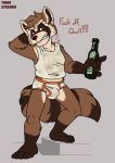  anthro barefoot beer_bottle briefs bulge clothing dialogue drunk guardians_of_the_galaxy male mammal marvel musk procyonid raccoon rocket_raccoon shirt solo stain tank_top tighty_whities tonio_(artist) underwear white_shirt white_underwear 