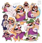  1boy 1girl adeleine bendedede beret black_hair brown_hair burning cleft_chin facial_hair fire gloves green_footwear grin hat highres kirby_(series) multiple_views mustache open_mouth overalls pointy_ears purple_overalls shirt smile tiny_wario vampire wario wario_land white_gloves yellow_hat yellow_shirt 