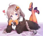  ahoge bangs bed_sheet black_jacket black_skirt blue_eyes blush braid chin_rest closed_mouth commentary_request eyebrows_visible_through_hair feet_up full_body fur-trimmed_jacket fur_trim hair_ornament hairpin headset heart jacket kizuna_akari konnyaku_(kk-monmon) leg_up legs_up lips long_hair long_sleeves looking_at_viewer lying mary_janes on_bed on_stomach open_clothes open_jacket orange_legwear pantyhose shiny shiny_hair shirt shoes simple_background skirt sleeves_past_wrists smile solo striped striped_legwear tareme the_pose twin_braids vertical-striped_legwear vertical_stripes very_long_hair vocaloid voiceroid white_background white_shirt 
