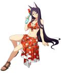  animal_ears arm_support bikini bottle breasts cleavage collarbone floral_print flower fox_ears full_body hair_between_eyes hair_flower hair_ornament head_tilt holding holding_bottle invisible_chair large_breasts log_horizon long_hair looking_at_viewer nazuna_(log_horizon) official_art orange_eyes purple_hair ramune red_bikini red_flower sarong sideboob sitting smile solo swimsuit transparent_background very_long_hair 