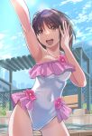  1girl black_hair blue_reflection_(series) blue_reflection_ray blue_reflection_tie blue_sky brown_eyes casual_one-piece_swimsuit chain-link_fence cloud commission covered_navel cowboy_shot fence frilled_one-piece_swimsuit frills highres hirahara_hiori nikulas_cage one-piece_swimsuit pixiv_commission shed short_hair sky smile solo swimsuit upper_body white_one-piece_swimsuit 