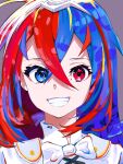  1girl absurdres alear_(female)_(fire_emblem) alear_(fire_emblem) blue_eyes blue_hair bow bowtie crossed_bangs fire_emblem fire_emblem_engage heterochromia highres multicolored_hair red_eyes red_hair solo split-color_hair tiara two-tone_hair white_bow white_bowtie yukocha0 