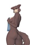 anthro beastars breasts brown_body brown_fur brown_tail butt canid canine canis countershade_face countershade_fur countershade_torso countershading digital_media_(artwork) female female_anthro fluffy fluffy_tail fur hi_res juno_(beastars) looking_at_viewer mammal nude simple_background solo standing tail tan_body tan_countershading tokiartisfurry towel wolf