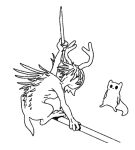  2020 ambiguous_gender anthro antlers back_spikes black_and_white crouching digital_drawing_(artwork) digital_media_(artwork) digitigrade dot_eyes duo dyyrlysh hair holding_melee_weapon holding_object holding_polearm holding_spear holding_weapon horn krita_(artwork) line_art melee_weapon monochrome perched polearm rain_world semi-anthro simple_background slugcat spear species_request spikes spikes_(anatomy) standing tail videocult weapon white_background 