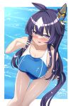  1girl a.nori absurdres animal_ears blue_hair blue_one-piece_swimsuit breasts competition_swimsuit dark_blue_hair ear_covers feet_out_of_frame hair_between_eyes highres horse_ears horse_girl horse_tail large_breasts long_hair looking_at_viewer one-piece_swimsuit purple_eyes single_ear_cover solo swimsuit tail thigh_gap umamusume verxina_(umamusume) white_hair 