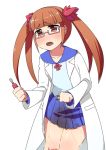  1girl blue_shirt blue_skirt blush brown_eyes brown_hair coat collarbone embarrassed eyebrows_visible_through_hair female glasses hands_up holding idolmaster idolmaster_cinderella_girls ikebukuro_akiha lab_coat long_sleeves matching_hair/eyes minamimachi_naname open_mouth peeing peeing_self pink-framed_eyewear pleated_skirt screw screwdriver shiny_skin shirt simple_background skirt solo standing tears teeth tied_hair twintails wet_clothes white_background white_coat 