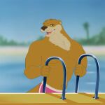 1:1 2020 animalympics anthro biceps biped brown_body brown_fur clothing day digital_drawing_(artwork) digital_media_(artwork) fur humanoid_hands looking_at_viewer male mammal mosin mustelid navel otter outside pecs pink_clothing pink_underwear pool sky smile solo swimming_pool tail underwear water whiskers