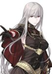  1girl black_gloves breasts gloves hair_between_eyes highres long_hair mik_blamike military_uniform parted_lips red_eyes selvaria_bles senjou_no_valkyria_(series) senjou_no_valkyria_1 sheath sheathed simple_background solo sword uniform upper_body weapon white_background white_hair 