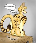  anthro blue_eyes butt fan_character felid feline fur hi_res logan_silver looking_at_viewer looking_back looking_back_at_viewer male mammal markings nude presenting presenting_hindquarters serval solo speech_bubble spots spotted_body spotted_fur striped_markings striped_tail stripes tail tail_markings text yellow_body yellow_fur 