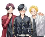  3boys belt black_jacket blonde_hair blush brown_hair chinese_clothes closed_eyes collarbone earrings eyepatch hands_in_pockets hayato_suou jacket jewelry lapels long_sleeves mandarin_cookie multicolored_hair multiple_boys nirei_akihiko one_eye_closed pocket sakura_haruka_(wind_breaker) smile split-color_hair tongue tongue_out undershirt v v-shaped_eyebrows white_belt white_jacket wind_breaker_(nii_satoru) zipper 