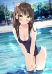  1girl ass_visible_through_thighs blurry blush brown_hair collarbone competition_swimsuit depth_of_field dutch_angle english_commentary flower hair_flower hair_in_own_mouth hair_ornament hands_on_own_thighs highres leaning_forward light_reflection_(water) long_hair looking_at_viewer miyuki_(yxbt7) nagisa_(kantoku) one-piece_swimsuit original outdoors pool sidelocks solo standing swimsuit twintails wading water_drop yellow_eyes 