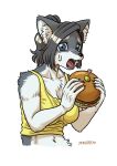 anthro artist_name black_hair blue_eyes bodily_fluids breasts burger canid canine canis claws cleavage clothed clothing dated fangs female food fur grey_body grey_fur hair hi_res holding_burger holding_food holding_object inner_ear_fluff kemono looking_at_viewer mammal medium_breasts midriff multicolored_body multicolored_fur oogami-san_(tsukareta_inu) open_mouth ponytail ryou sharp_teeth shirt solo sweat sweatdrop tank_top teeth topwear tsukareta-inu_no_anime tuft two_tone_body two_tone_fur upper_body white_body white_fur wolf yellow_clothing yellow_shirt yellow_tank_top yellow_topwear