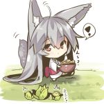  /\/\/\ 1girl absurdly_long_hair ahoge animal_ears bangs bowl cabbage chibi closed_mouth eyebrows_visible_through_hair food fox_ears fox_girl fox_tail full_body hair_between_eyes holding holding_bowl japanese_clothes kimono long_hair long_sleeves looking_at_viewer looking_to_the_side obi original red_eyes sash silver_hair solo spoken_exclamation_mark standing standing_on_one_leg tail translation_request very_long_hair white_kimono wide_sleeves yuuji_(yukimimi) 