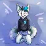  anthro black_hair blue_hair boxers_(clothing) canid canine clothing cuteconfy fennec_fox fox fur hair hoodie looking_at_viewer male mammal multicolored_hair pink_eyes pink_nose solo tail tail_motion tailwag topwear true_fox two_tone_hair underwear white_body white_fur 