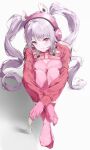  1girl alice_(nikke) animal_ear_headphones animal_ears blush bodysuit breasts cropped_jacket fake_animal_ears gloves goddess_of_victory:_nikke grey_eyes grey_hair grin headphones highres jacket kuu_(user_gngs5284) latex latex_bodysuit long_hair long_sleeves looking_at_viewer medium_breasts pink_bodysuit pink_gloves red_jacket shrug_(clothing) smile solo twintails 