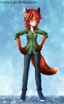 abstract_background absurd_res anthro blue_bottomwear blue_clothing blue_jeans blue_pants bottomwear canid canine clothed clothing confident dark_hands denim denim_bottomwear denim_clothing female flannel flannel_shirt fluffy fluffy_ears fluffy_tail fox fur green_clothing green_eyes hair hands_on_hips hi_res jeans looking_at_viewer lorne_(rex_feles) mammal orange_body orange_fur pants red_fox red_hair rex_feles snout solo solo_focus tail text true_fox white_body white_fur