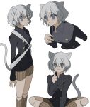  1other :3 androgynous animal_ears black_jacket blue_eyes brown_shorts cat_ears cat_tail commentary highres hunter_x_hunter index_finger_raised indian_style jacket joints looking_to_the_side looking_up multiple_views neferpitou other_focus shorts simple_background sitting standing tail umxx_i upper_body v-shaped_eyebrows white_background white_hair 