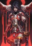  1girl ambiguous_red_liquid angel_wings arm_at_side armor armored_skirt black_background blcackup blood bloody_wings breastplate clenched_hand closed_mouth cuirass cuisses detached_wings facial_mark feathered_wings feet_out_of_frame forehead_mark gauntlets hades_(series) hades_2 hair_bun highres holding holding_weapon looking_ahead looking_at_viewer loose_hair_strand muscular muscular_female nemesis_(hades) ouroridae pale_skin pauldrons pelvic_curtain planted planted_sword purple_lips shoulder_armor single_gauntlet single_vambrace solo standing sword vambraces weapon wings yellow_eyes 