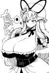  1girl absurdres blush breasts cleavage commentary_request greyscale hat hat_ribbon highres himajin_noizu huge_breasts long_hair low-tied_long_hair mob_cap monochrome ribbon short_sleeves sidelocks solo spoken_squiggle squiggle sweat touhou upper_body variant_set yakumo_yukari 