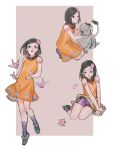  2boys bike_shorts black_hair body_writing border crossdressing dog dress grey_eyes higashikata_tsurugi iwasuke_(jojo) jojo_no_kimyou_na_bouken jojolion kneeling male_focus mars_symbol multiple_boys multiple_views orange_dress origami otoko_no_ko paper_crane paper_moon_king parted_lips petting reammara sweatdrop thighs 