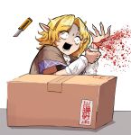  1girl accident blonde_hair blood blood_spray box boxcutter brown_shirt cardboard_box commentary_request constricted_pupils cookie_(touhou) cuts highres holding_boxcutter injury joker_(cookie) masking_tape medium_bangs medium_hair mizuhashi_parsee odoro_(nicoseiga81184094) parted_bangs pointy_ears scarf shirt solo touhou translation_request turn_pale upper_body white_scarf 
