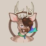  2021 anthro antlers brown_body brown_fur brown_hair brown_nose bust_portrait collar collar_only collar_tag deer digital_drawing_(artwork) digital_media_(artwork) dyyrlysh eyebrows fur green_collar hair hi_res highlights_(coloring) horn kristoffer_everglade krita_(artwork) looking_at_viewer male mammal multicolored_eyes multicolored_highlights new_world_deer nude pink_inner_ear portrait shaded simple_background smile smiling_at_viewer snout solo tan_background tan_body tan_fur teeth white-tailed_deer white_antlers 