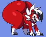 all_fours big_butt butt canid canine dusk_(dusk_thelycanroc) dusk_thelycanroc feral generation_7_pokemon huge_butt hyper hyper_butt looking_at_viewer lycanroc lyrics male mammal midnight_lycanroc nintendo pokemon pokemon_(species) red_body red_eyes simple_background solo solo_focus wide wide_hips