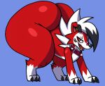  all_fours big_butt butt canid canine dusk_(dusk_thelycanroc) dusk_thelycanroc feral generation_7_pokemon huge_butt hyper hyper_butt looking_at_viewer lycanroc lyrics male mammal midnight_lycanroc nintendo pokemon pokemon_(species) red_body red_eyes simple_background solo solo_focus wide wide_hips 