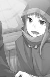  ayakura_juu cape eyebrows_visible_through_hair greyscale holo hood hooded long_hair monochrome novel_illustration official_art open_mouth outdoors shirt_grab spice_and_wolf 