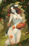  absurd_res anthro blush breasts canid canine digital_media_(artwork) female food forest forest_background fruit fur genitals hair hi_res looking_at_viewer mammal nature nature_background nipples nude peach_(fruit) plant pussy smile solo stelladraco tail tree 