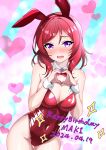  1girl absurdres animal_ears bare_shoulders blush breasts character_name cleavage contrapposto covered_navel dated detached_collar fake_animal_ears furrowed_brow groin happy_birthday heart heart_hands highres leotard looking_at_viewer love_live! love_live!_school_idol_project medium_breasts medium_hair nishikino_maki open_mouth playboy_bunny purple_eyes rabbit_ears red_hair red_leotard sidelocks solo standing strapless strapless_leotard uma_(uma_mohumohu) upper_body wrist_cuffs 