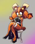 anthro badger big_breasts black_clothing black_dress black_footwear black_high_heels blue_eyes breasts brown_body brown_fur chair clothing crossed_legs dress eyelashes female footwear fur furniture green_background grey_background hi_res high_heels mammal mustelid musteline piscirabble pouting purple_background sega simple_background sitting solo sonic_boom sonic_the_hedgehog_(series) sticks_the_jungle_badger tan_body tan_fur thick_thighs wide_hips