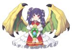  1girl blunt_bangs closed_mouth commentary_request dragon_wings dragonstone dress fire_emblem fire_emblem:_the_sacred_stones fire_emblem_heroes flower garasuno hair_flower hair_ornament highres holding holding_wreath looking_at_viewer myrrh_(fire_emblem) myrrh_(valentine)_(fire_emblem) official_alternate_costume puffy_short_sleeves puffy_sleeves purple_hair red_eyes short_sleeves smile solo twintails white_background white_dress wings wreath 