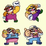  1boy blue_footwear bow bowtie brown_hair facial_hair fingerless_gloves gloves green_footwear grin hat helmet mario_(series) motorcycle_helmet multiple_views mustache one_eye_closed overalls pants pink_pants pointy_ears purple_overalls shirt simple_background smile tkowl wario wario_land warioware white_gloves white_hat yellow_bow yellow_bowtie yellow_gloves yellow_hat yellow_shirt 