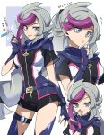  bessho_emma black_bodysuit bodysuit covering_own_mouth eyelashes fingerless_gloves ghost_girl_(yu-gi-oh!_vrains) gloves grey_hair hand_over_own_mouth laughing long_hair low-tied_long_hair multicolored_hair parted_lips pira_811 purple_eyes purple_hair short_sleeves smile smug thigh_strap translation_request two-tone_hair very_long_hair yu-gi-oh! yu-gi-oh!_vrains 