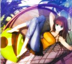  1girl absurdres aozaki_aoko armpits ass blue_eyes blush breasts brown_hair cushion denim fate/grand_order fate_(series) feet highres jeans koyama_hirokazu large_breasts long_hair looking_at_viewer lying non-web_source official_art pants shirt smile yellow_shirt 