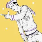  1boy belt bubble cowboy_shot dixie_cup_hat finger_gun hand_on_own_hip hat higashikata_josuke_(jojolion) jojo_no_kimyou_na_bouken jojolion male_focus male_underwear male_underwear_peek midriff military_hat monochrome parted_lips reammara sailor short_hair solo underwear yellow_background 