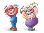  2boys artist_name big_nose blue_overalls brown_footwear brown_hair facial_hair green_footwear grin hat highres joy-con mario mario_(series) mario_dragon multiple_boys mustache one_eye_closed overalls pointy_ears purple_overalls red_hat red_shirt shirt simple_background smile trembling wario white_background yellow_hat yellow_shirt 